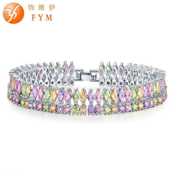 

link, chain fym brand 19cm 3 colors silver color bracelets & bangles for women luxury zircon crystal wedding jewelry bracelet femme, Black