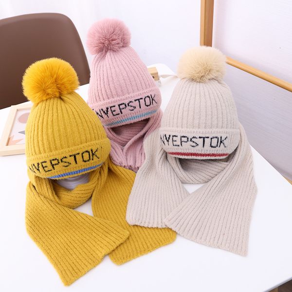 

2021 new 2 piece children's winter/autumn woolen cap for boys and girls thicken warm scarf combination baby jumper knitted hat ko8x, Yellow
