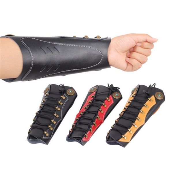 

elbow & knee pads traditional cowhide archery arm guard to hold the hunt with hardware shoot recurve adjustable straps, Black;gray