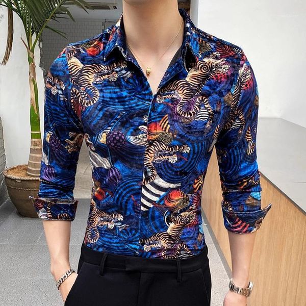 

luxury tiger animal print shirt men long sleeve autumn winter warm velvet shirts for men fancy prom camisas para hombre v5841, White;black