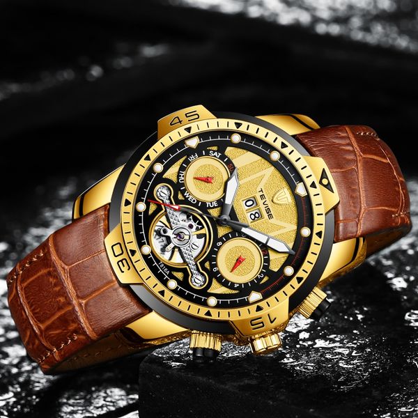 

TEVISE Mens Watches Automatic Auto Date Mechanical Watch Male Multifunction Sport Leather Strap Clock Relogio Masculino, Brown