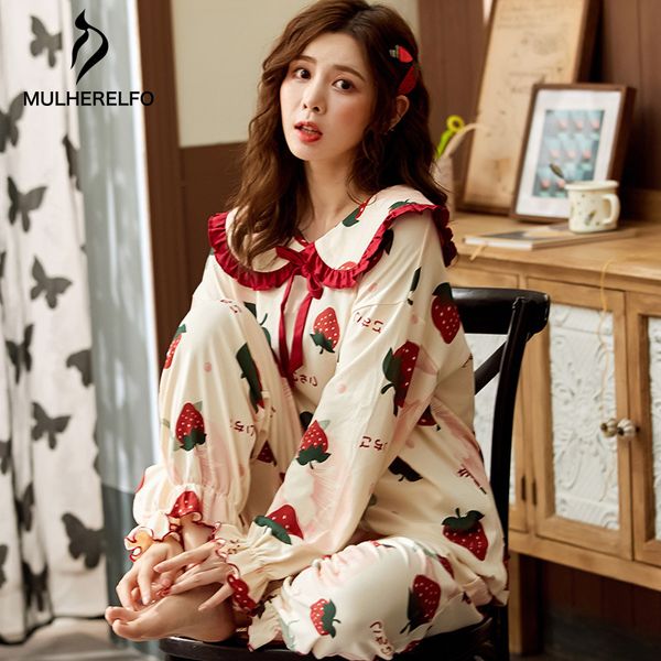 

loose doll collar long sleeve pants women's pajamas set cotton soft female sleepwear cute pattern ruffled nightwear home wear h1210, Black;red