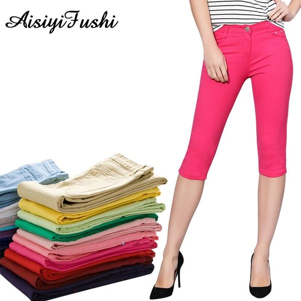 

summer denim jeans shorts omen's capris skinny jeans pants female knee length stretch slim capri jeans women candy color y200822, Blue