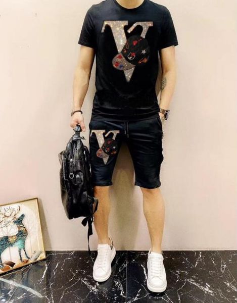 

new summer tracksuit rhinestone logo suit men's sets hip hop, White;black