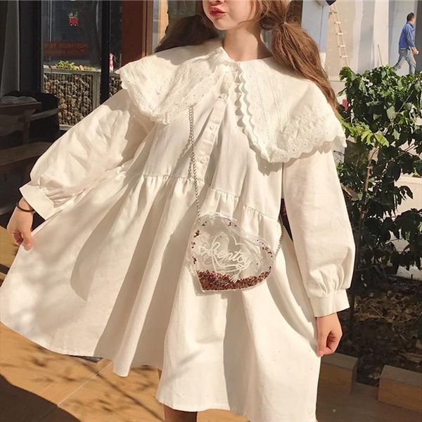 

japanese harajuku women white black dress double layer lace collar anime kawaii dress lolita style mori girl oversize cute dress, Black;gray
