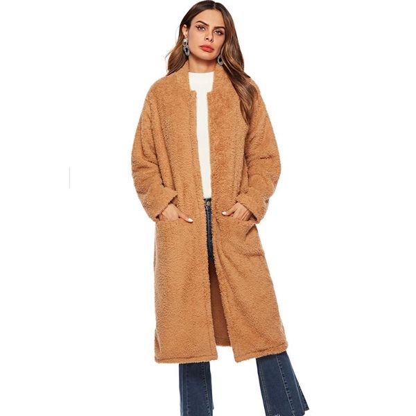 

women's winter coat 2021 new design plush brown long coat women pockets manteau femme, big sizes s, Black