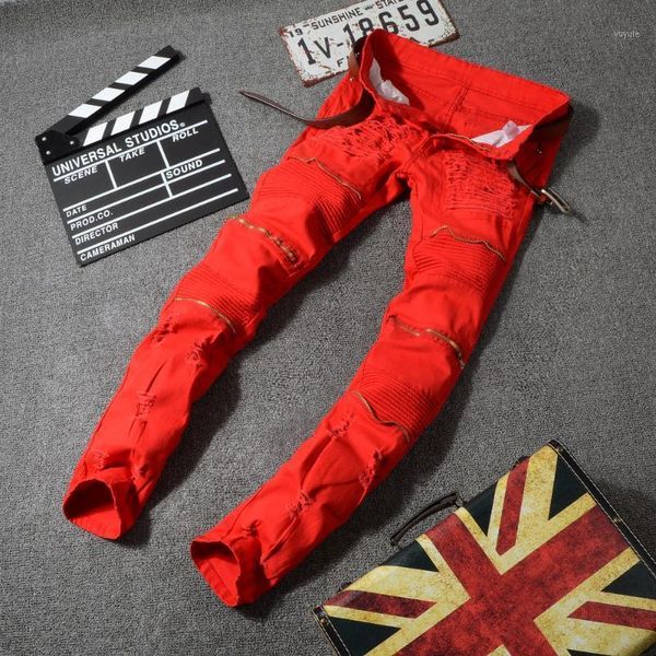 

2020 fashion casual high elastic men's motorcycle pants ripped hole mens denim stretch fashionable jeans for men1, Blue