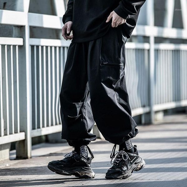 

wide leg pants men's clothes drawstring overalls loose versatile cargo pants jogger trousers oversized hiphop harajuku japanese1, Black