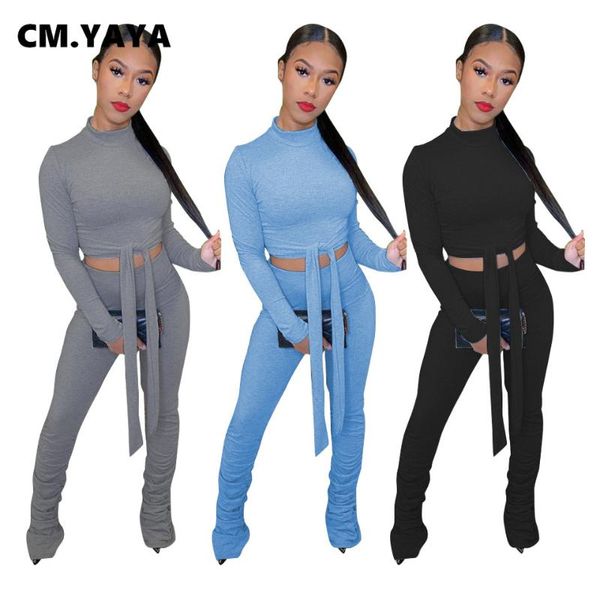 

cm.yaya aumutn activewear knitted women's set off legging pants set tracksuit fitness two piece outfits, Gray