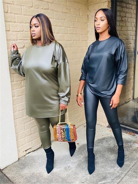 

women's 2 piece set faux leather long sleeve round neck loose + bodycon pants set loungewear, Gray