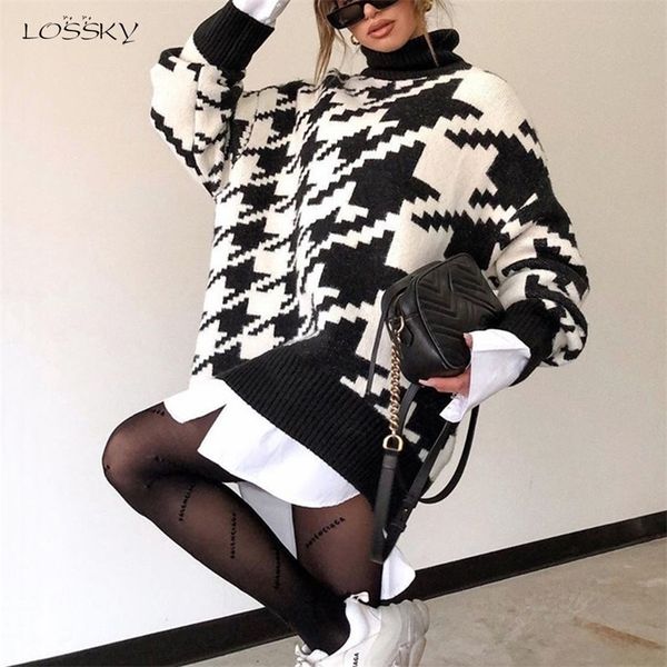 

long sweater dress autumn winter fashion houndstooth black turtleneck long sleeve knit pullover clothes for women fall 201222, White;black