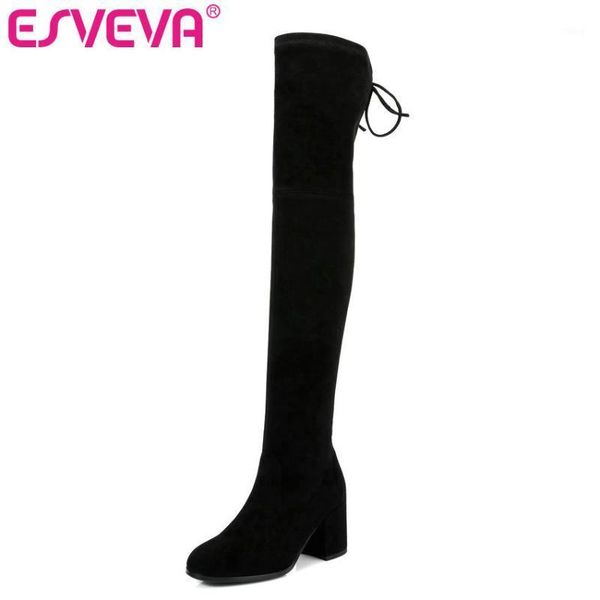 

boots esveva 2021 women over the knee winter shoe elegant round toe square high heels elastic band comfortable shoes 34-391, Black
