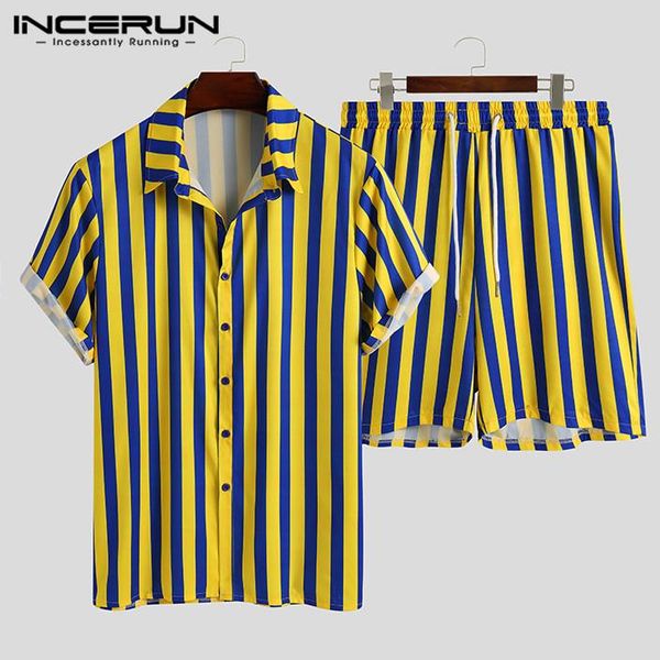 

2020 striped men hawaiian sets beach short sleeve casual shirts streetwear shorts breathable men suits 2 pieces summer incerun, Gray