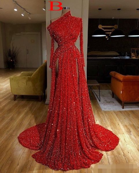 New Arrival olhando mangas compridas Red Mermaid Prom Vestidos de um ombro lantejoulas sexy 2020 alta separação formal Evening vestidos de robe de soiree