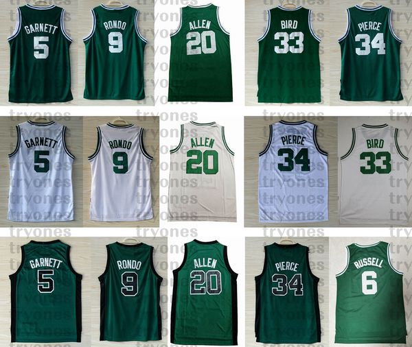 

2008 mens vintage 5 kevin garnett 20 ray allen 34 paul pierce 33 larry bird 9 rajon rondo bill russell basketball jersey shirt, Black