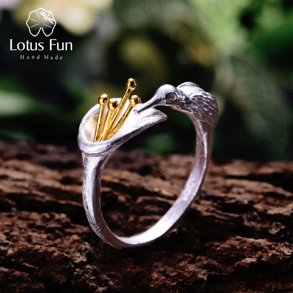 

lotus fun real 925 sterling silver bird ring natural creative design fine jewelry adjustable hummingbird rings for women bijoux 201006, Golden;silver