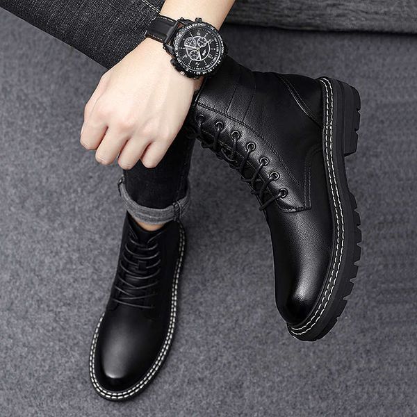

martin winter plush thermal cotton high boots mid british men's shoes 2020, Black