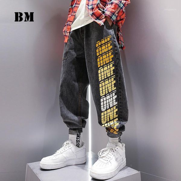 

korean hip hop letter print straight leg jeans streetwear male 2021 black elastic waist harlan denim trousers men clothing1, Blue