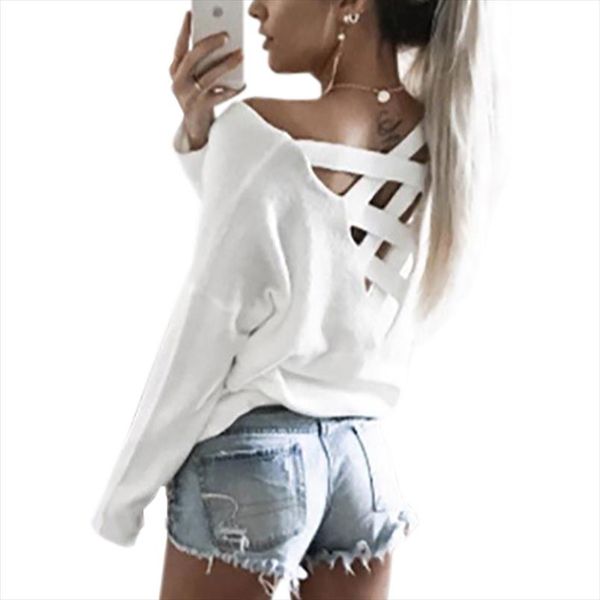 

женщины 2020 backblob bandage t футболки с длинным рукавом сплошные сексуальные рубашки повседневная o шея женщины tee рубашка tops сексуаль, White