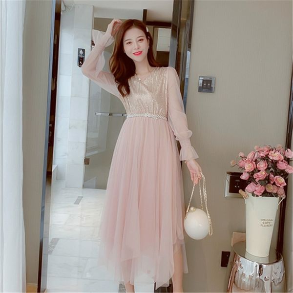 

mesh dress 2020 summer new fashion temperament v-neck sequin mesh stitching elegant long-sleeved dress women lj201202, Black;gray