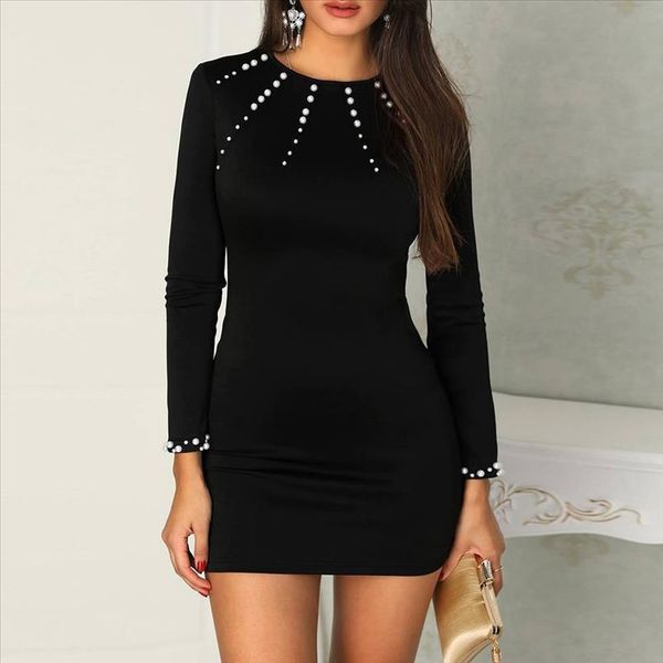 

black pearl beading party dress ladies solid bodycon mini dress winter long sleeve women elegant short dress, Black;gray