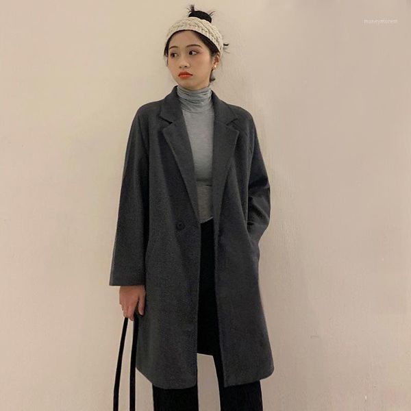 

women's wool & blends 2021 autumn thickened mid-length loose student woolen coat1, Black