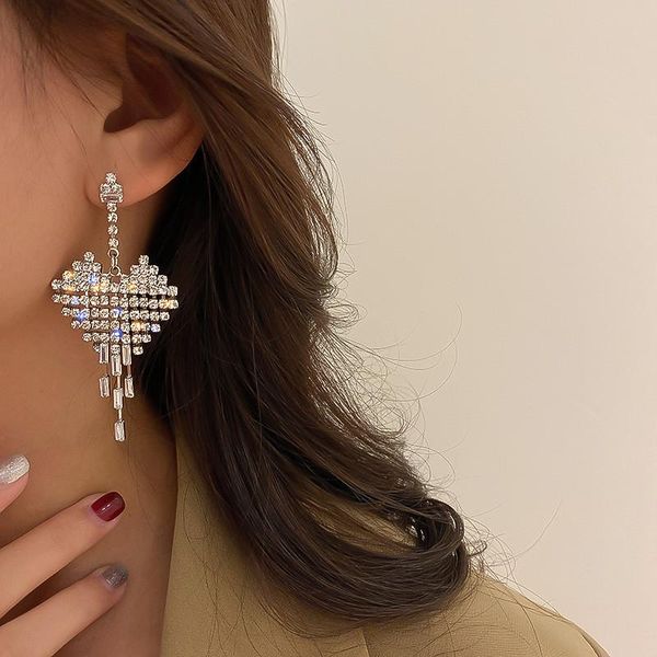 

fyuan geometric heart crystal drop earrings for women bijoux long tassel rhinestone dangle earrings party jewelry, Silver