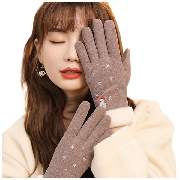 

five fingers gloves winter women solid color warm touch screen mittens elegant cute snowman embroidery outdoor #yj, Blue;gray