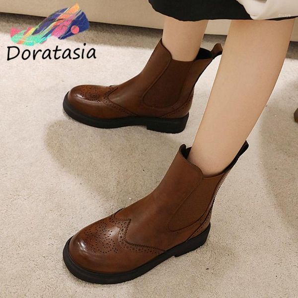 

doratasia retro women low heel fashion classic designer shoes casual daily solid boots women brogue ankle boots1, Black
