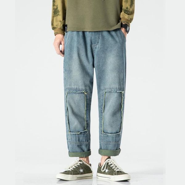 

jeans men patchwork printed beam feet elastic waist cargo harem trousers teenagers wide loose ulzzang new arrival leisure male1, Blue