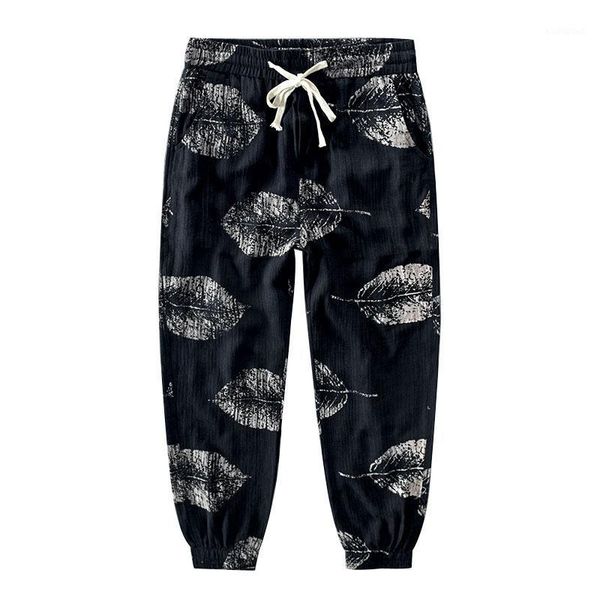 

men summer black white cotton linen long pants leaf pattern thin straight pants casual loose trousers male streetwear m-3xl1