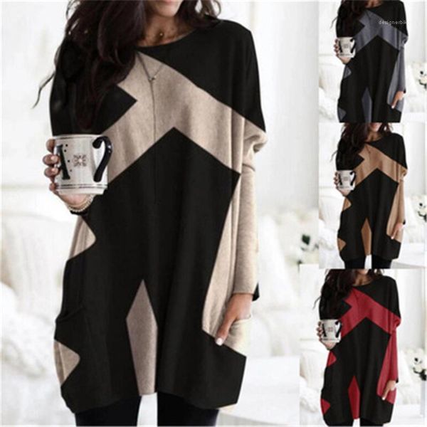

t-shirt fashion trend long sleeve long tees designer female spring new with pocket casual loose tshirts women splicing v-neck, White