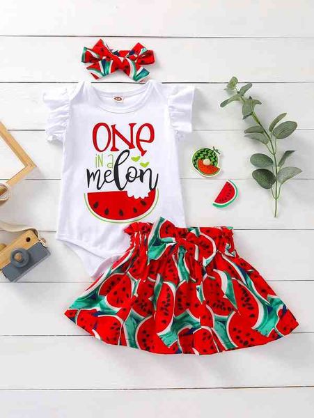 

baby girl letter graphic bodysuit & watermelon skirt & headband she, Blue