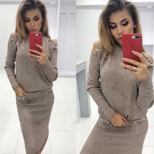 

fashion beading sweater sets autumn women 2 piece set shoulder off sweater slim high waist knitted skirt women suit, Gray