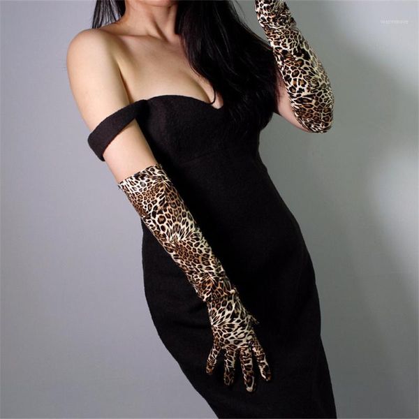 

Women Long Section Leopard Leather Gloves 50cm Patent Leather Simulation PU Bright Golden Brown Animal Pattern1, Blue;gray