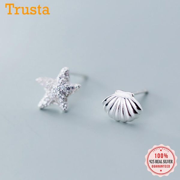 

trustdavis authentic 925 sterling silver asymmetric starfish shells cz stud earrings for women wedding party fine jewelry da1652, Golden;silver