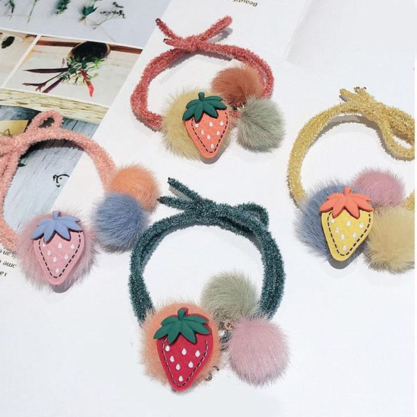 

hair ties adjustable cute strawberry elastic scrunchies girls ponytail holders pompom fluffy hair accessories faux fur hair band h wmtswk, Black;brown