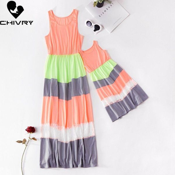 

new 2020 mother daughter dresses sleeveless color patchwork long maxi dress mom and daughter sundress family matching clothes1, Blue