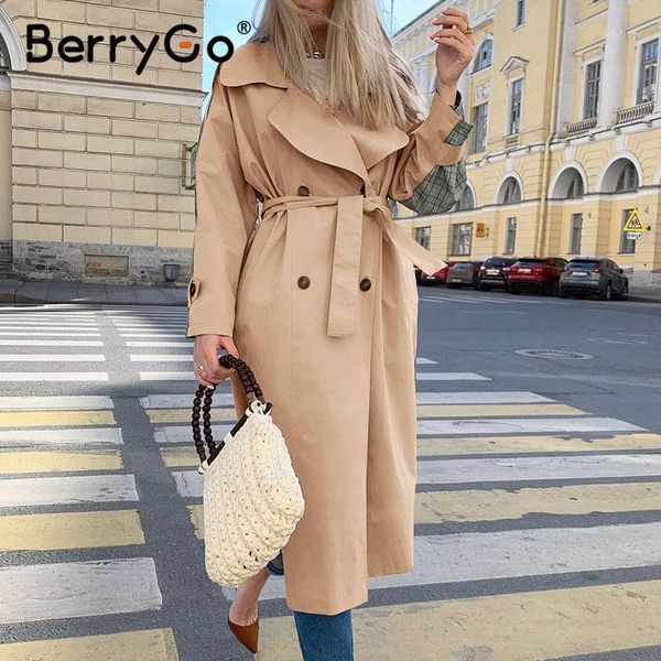 

berrygo causal light tan autumn winter trench windbreaker split joint elegant long sleeve coat plaid long women coat with belt1, Tan;black