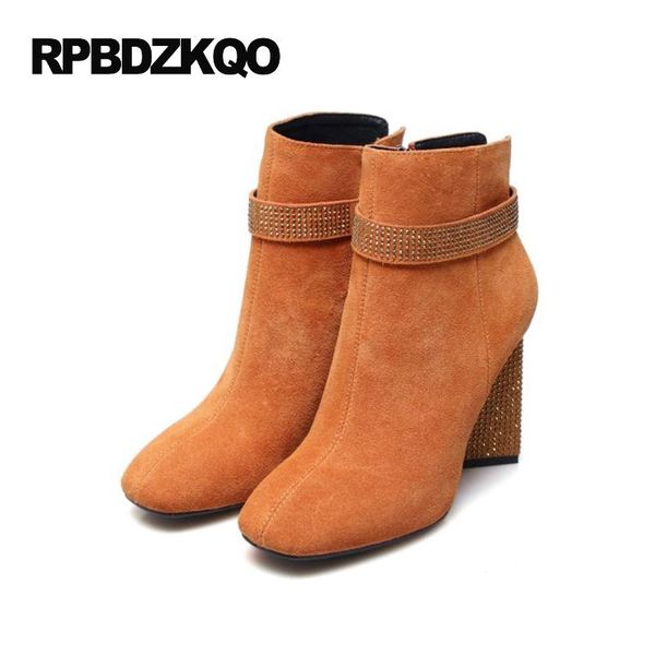 

shoes 2020 fashion high heel fur booties orange rhinestone women boots winter ankle fall crystal square toe chunky genuine, Black