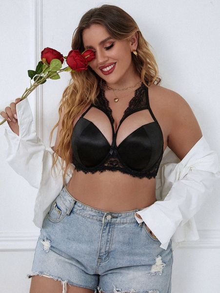 

plus contrast lace underwire bra b8y2#, Black;white
