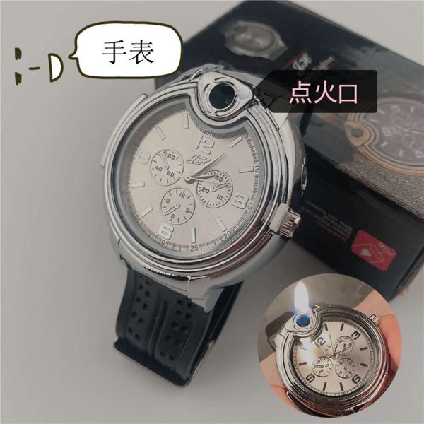 

metal watch inflatable lighter open fire travel time personalized portable multi-functional wristwatch creative gift for men, Slivery;brown