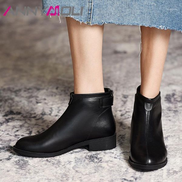 

boots annymoli real leather med heel ankle woman chunky shoes zip round toe short female autumn winter black 401