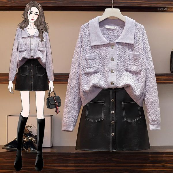 

big yards new winter sweater pu leather skirt two pcs clothing set leisure suits outfit women knitwear lady1, Gray