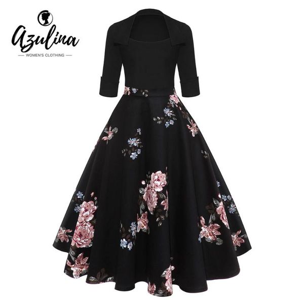 

azulina audrey hepburn vintage party dress women floral flare midi dresses winter autumn retro elegant dress vestidos robe femme, Black;gray