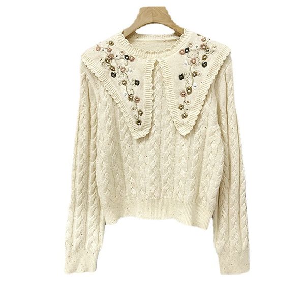 

1228 2022 runway spring summer brand same style sweater long sleeve crew neck beads striped white pullover fashion womens clothes womens xue, White;black