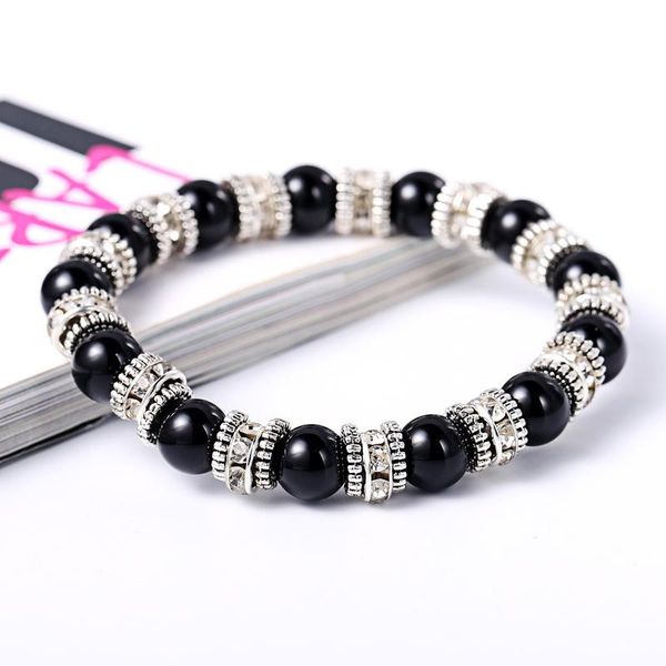 

beaded, strands fashion vintage 8mm bead elastic bracelet for women rhinestone black beads bracelets jewelry 2021