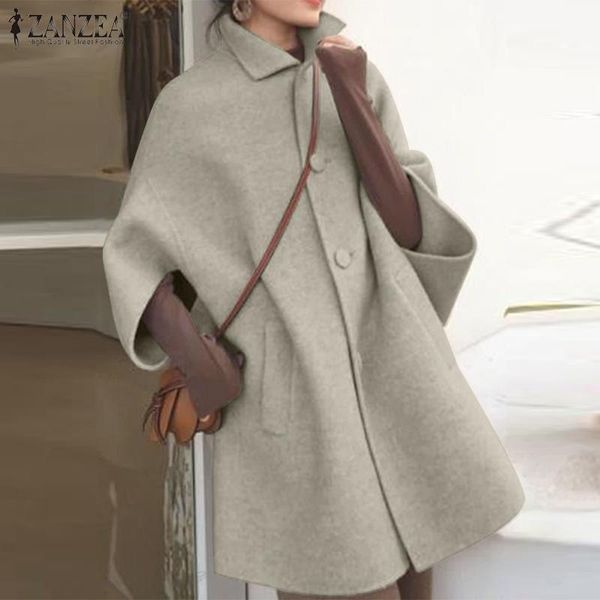 

womens winter autumn woolen coats zanzea fashion korean lapel outwear casual single breasted bat sleeve solid jackets s-5xl, Black