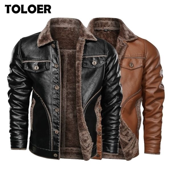 Inverno novo jaqueta de couro masculina casual além de veludo pu couro casaco homens lã militar motocicleta jaqueta retro tamanho grande M-8XL 201118