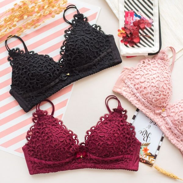 

roseheart new women fashion pink red lingerie lace jacquard wireless underwear bow cotton panties lovely bra sets lingerie c1211, Black;white